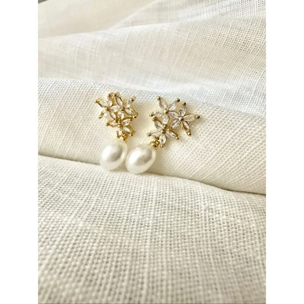 Cubic zirconia flower dainty pearl dangle earrings